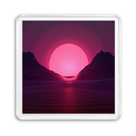 Магнит 55*55 с принтом Cyber Sun в Тюмени, Пластик | Размер: 65*65 мм; Размер печати: 55*55 мм | cyber | голограмма | горы | кибер | модные | полосы | ретро | свет | солнце | яркие