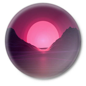 Значок с принтом Cyber Sun в Тюмени,  металл | круглая форма, металлическая застежка в виде булавки | cyber | голограмма | горы | кибер | модные | полосы | ретро | свет | солнце | яркие