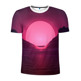 Мужская футболка 3D спортивная с принтом Cyber Sun в Тюмени, 100% полиэстер с улучшенными характеристиками | приталенный силуэт, круглая горловина, широкие плечи, сужается к линии бедра | Тематика изображения на принте: cyber | голограмма | горы | кибер | модные | полосы | ретро | свет | солнце | яркие