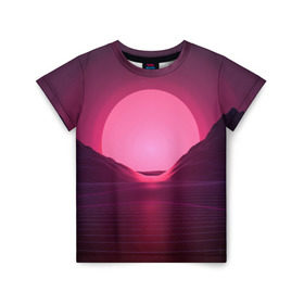 Детская футболка 3D с принтом Cyber Sun в Тюмени, 100% гипоаллергенный полиэфир | прямой крой, круглый вырез горловины, длина до линии бедер, чуть спущенное плечо, ткань немного тянется | cyber | голограмма | горы | кибер | модные | полосы | ретро | свет | солнце | яркие