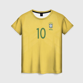 Женская футболка 3D с принтом Неймар Форма Домашняя 17/18 в Тюмени, 100% полиэфир ( синтетическое хлопкоподобное полотно) | прямой крой, круглый вырез горловины, длина до линии бедер | brazil | jr | neymar | бразилия | неймар | нэймар | по футболу | сборная бразилии | футбольная форма