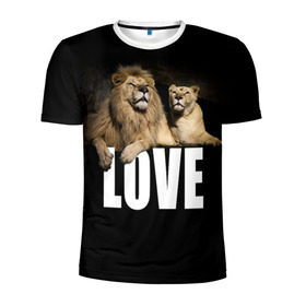 Мужская футболка 3D спортивная с принтом LOVE в Тюмени, 100% полиэстер с улучшенными характеристиками | приталенный силуэт, круглая горловина, широкие плечи, сужается к линии бедра | влюблённые | дикая кошка | животные | лев | львица | любовь | пара | природа | свадьба