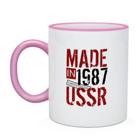 Кружка двухцветная с принтом Made in USSR 1987 в Тюмени, керамика | объем — 330 мл, диаметр — 80 мм. Цветная ручка и кайма сверху, в некоторых цветах — вся внутренняя часть | 1987 | день рождения | подарок | праздник