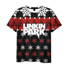 Мужская футболка 3D с принтом Праздничный Linkin Park в Тюмени, 100% полиэфир | прямой крой, круглый вырез горловины, длина до линии бедер | Тематика изображения на принте: b | chester | linkin park | альтернативный метал | альтернативный рок | беннингтон | группа | знак | красный | линкин парк | музыкант | надпись | новогодний | новый год | ню метал | певец | праздник | рождество