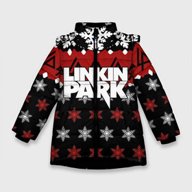 Зимняя куртка для девочек 3D с принтом Праздничный Linkin Park в Тюмени, ткань верха — 100% полиэстер; подклад — 100% полиэстер, утеплитель — 100% полиэстер. | длина ниже бедра, удлиненная спинка, воротник стойка и отстегивающийся капюшон. Есть боковые карманы с листочкой на кнопках, утяжки по низу изделия и внутренний карман на молнии. 

Предусмотрены светоотражающий принт на спинке, радужный светоотражающий элемент на пуллере молнии и на резинке для утяжки. | b | chester | linkin park | альтернативный метал | альтернативный рок | беннингтон | группа | знак | красный | линкин парк | музыкант | надпись | новогодний | новый год | ню метал | певец | праздник | рождество