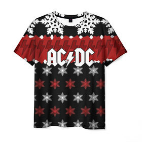 Мужская футболка 3D с принтом Праздничный AC/DC в Тюмени, 100% полиэфир | прямой крой, круглый вырез горловины, длина до линии бедер | Тематика изображения на принте: ac dc | acdc | for those about to ro | австралийская | ангус янг | блюз рок | головы | группа | знак | красный | крис слэйд | музыканты | надпись | новогодний | новый год | певцы | праздник | рождество | рок | рок н ролл