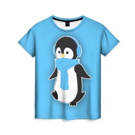 Женская футболка 3D с принтом Penguin blue в Тюмени, 100% полиэфир ( синтетическое хлопкоподобное полотно) | прямой крой, круглый вырез горловины, длина до линии бедер | blue | cartoon | penguin | милый | мультик | мультфильм | пингвин | рисунок