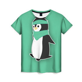 Женская футболка 3D с принтом Penguin green в Тюмени, 100% полиэфир ( синтетическое хлопкоподобное полотно) | прямой крой, круглый вырез горловины, длина до линии бедер | cartoon | green | penguin | зеленый | милый | мультик | мультфильм | пингвин | рисунок