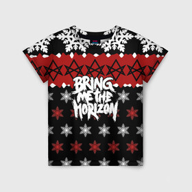 Детская футболка 3D с принтом Праздничный Bring Me the Horizon в Тюмени, 100% гипоаллергенный полиэфир | прямой крой, круглый вырез горловины, длина до линии бедер, чуть спущенное плечо, ткань немного тянется | Тематика изображения на принте: bmth | bring me the horizon | альтернативный метал | альтернативный рок | группа | достань для меня горизонт | дэткор | знак | красный | метал | надпись | новогодний | новый год | праздник | рождество | рок