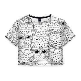 Женская футболка 3D укороченная с принтом Совушки pattern в Тюмени, 100% полиэстер | круглая горловина, длина футболки до линии талии, рукава с отворотами | bird | owl | животные | ночные птицы | птицы | совы