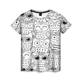 Женская футболка 3D с принтом Совушки pattern в Тюмени, 100% полиэфир ( синтетическое хлопкоподобное полотно) | прямой крой, круглый вырез горловины, длина до линии бедер | bird | owl | животные | ночные птицы | птицы | совы