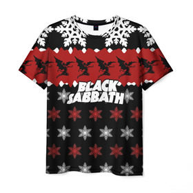 Мужская футболка 3D с принтом Праздничный Black Sabbath в Тюмени, 100% полиэфир | прямой крой, круглый вырез горловины, длина до линии бедер | black sabbath | группа | новогодний | новый год | рождество | свитер | снежинки | хард рок | хеви метал