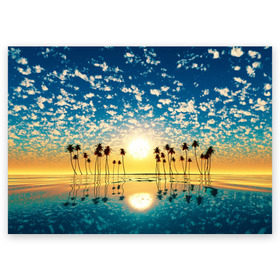 Поздравительная открытка с принтом Туристический Рай в Тюмени, 100% бумага | плотность бумаги 280 г/м2, матовая, на обратной стороне линовка и место для марки
 | Тематика изображения на принте: блик | вода | волна | восход | закат | море | небо | облако | отблеск | отпуск | отражение | пальма | солнце | турист