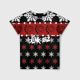 Детская футболка 3D с принтом Праздничный Blink-182 в Тюмени, 100% гипоаллергенный полиэфир | прямой крой, круглый вырез горловины, длина до линии бедер, чуть спущенное плечо, ткань немного тянется | blink | альтернативный рок | блинк | группа | знак | красный | марк хоппус | музыка | мэтт скиба | надпись | новогодний | новый год | панк | панк рок | песни | поп панк | праздник | рождество | рок