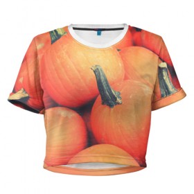 Женская футболка 3D укороченная с принтом Тыквы в Тюмени, 100% полиэстер | круглая горловина, длина футболки до линии талии, рукава с отворотами | halloween | pumpkin | кот | тыква | хэллоуин