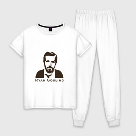 Женская пижама хлопок с принтом Ryan Gosling в Тюмени, 100% хлопок | брюки и футболка прямого кроя, без карманов, на брюках мягкая резинка на поясе и по низу штанин | ryan gosling | райан гослинг