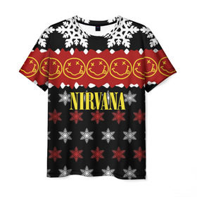 Мужская футболка 3D с принтом Nirvana праздничный в Тюмени, 100% полиэфир | прямой крой, круглый вырез горловины, длина до линии бедер | Тематика изображения на принте: cobain | kurt | nirvana | альтернативный | боритон | гранж | группа | дональд | знак | кобейн | красный | крист новоселич | курт | музыка | музыкант | надпись | нирвана | новогодний | новый год | певец | праздник