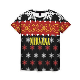 Женская футболка 3D с принтом Nirvana праздничный в Тюмени, 100% полиэфир ( синтетическое хлопкоподобное полотно) | прямой крой, круглый вырез горловины, длина до линии бедер | cobain | kurt | nirvana | альтернативный | боритон | гранж | группа | дональд | знак | кобейн | красный | крист новоселич | курт | музыка | музыкант | надпись | нирвана | новогодний | новый год | певец | праздник