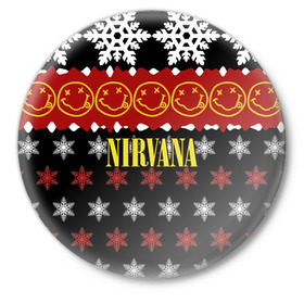 Значок с принтом Nirvana праздничный в Тюмени,  металл | круглая форма, металлическая застежка в виде булавки | cobain | kurt | nirvana | альтернативный | боритон | гранж | группа | дональд | знак | кобейн | красный | крист новоселич | курт | музыка | музыкант | надпись | нирвана | новогодний | новый год | певец | праздник