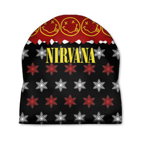 Шапка 3D с принтом Nirvana праздничный в Тюмени, 100% полиэстер | универсальный размер, печать по всей поверхности изделия | cobain | kurt | nirvana | альтернативный | боритон | гранж | группа | дональд | знак | кобейн | красный | крист новоселич | курт | музыка | музыкант | надпись | нирвана | новогодний | новый год | певец | праздник