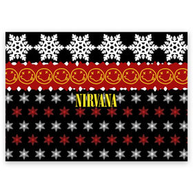 Поздравительная открытка с принтом Nirvana праздничный в Тюмени, 100% бумага | плотность бумаги 280 г/м2, матовая, на обратной стороне линовка и место для марки
 | Тематика изображения на принте: cobain | kurt | nirvana | альтернативный | боритон | гранж | группа | дональд | знак | кобейн | красный | крист новоселич | курт | музыка | музыкант | надпись | нирвана | новогодний | новый год | певец | праздник