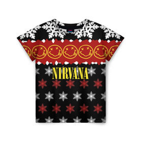 Детская футболка 3D с принтом Nirvana праздничный в Тюмени, 100% гипоаллергенный полиэфир | прямой крой, круглый вырез горловины, длина до линии бедер, чуть спущенное плечо, ткань немного тянется | cobain | kurt | nirvana | альтернативный | боритон | гранж | группа | дональд | знак | кобейн | красный | крист новоселич | курт | музыка | музыкант | надпись | нирвана | новогодний | новый год | певец | праздник