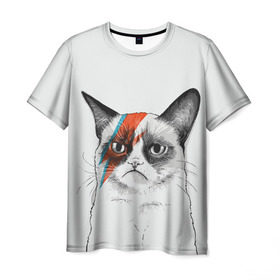 Мужская футболка 3D с принтом Grumpy cat (David Bowie) в Тюмени, 100% полиэфир | прямой крой, круглый вырез горловины, длина до линии бедер | бодиарт | грумпи | дэвид боуи | злой кот | интернет | котей | котик | кошка | мем | мемас | мемчик. | молния на лице | рисунок на лице | сердитый