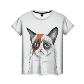 Женская футболка 3D с принтом Grumpy cat (David Bowie) в Тюмени, 100% полиэфир ( синтетическое хлопкоподобное полотно) | прямой крой, круглый вырез горловины, длина до линии бедер | бодиарт | грумпи | дэвид боуи | злой кот | интернет | котей | котик | кошка | мем | мемас | мемчик. | молния на лице | рисунок на лице | сердитый