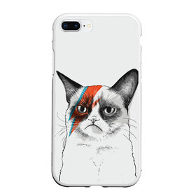 Чехол для iPhone 7Plus/8 Plus матовый с принтом Grumpy cat (David Bowie) в Тюмени, Силикон | Область печати: задняя сторона чехла, без боковых панелей | Тематика изображения на принте: бодиарт | грумпи | дэвид боуи | злой кот | интернет | котей | котик | кошка | мем | мемас | мемчик. | молния на лице | рисунок на лице | сердитый