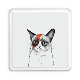 Магнит 55*55 с принтом Grumpy cat (David Bowie) в Тюмени, Пластик | Размер: 65*65 мм; Размер печати: 55*55 мм | бодиарт | грумпи | дэвид боуи | злой кот | интернет | котей | котик | кошка | мем | мемас | мемчик. | молния на лице | рисунок на лице | сердитый