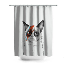 Штора 3D для ванной с принтом Grumpy cat (David Bowie) в Тюмени, 100% полиэстер | плотность материала — 100 г/м2. Стандартный размер — 146 см х 180 см. По верхнему краю — пластиковые люверсы для креплений. В комплекте 10 пластиковых колец | бодиарт | грумпи | дэвид боуи | злой кот | интернет | котей | котик | кошка | мем | мемас | мемчик. | молния на лице | рисунок на лице | сердитый