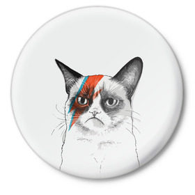 Значок с принтом Grumpy cat (David Bowie) в Тюмени,  металл | круглая форма, металлическая застежка в виде булавки | бодиарт | грумпи | дэвид боуи | злой кот | интернет | котей | котик | кошка | мем | мемас | мемчик. | молния на лице | рисунок на лице | сердитый