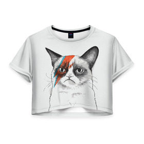 Женская футболка 3D укороченная с принтом Grumpy cat (David Bowie) в Тюмени, 100% полиэстер | круглая горловина, длина футболки до линии талии, рукава с отворотами | бодиарт | грумпи | дэвид боуи | злой кот | интернет | котей | котик | кошка | мем | мемас | мемчик. | молния на лице | рисунок на лице | сердитый