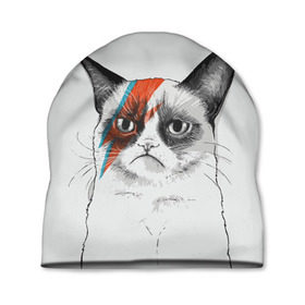 Шапка 3D с принтом Grumpy cat (David Bowie) в Тюмени, 100% полиэстер | универсальный размер, печать по всей поверхности изделия | бодиарт | грумпи | дэвид боуи | злой кот | интернет | котей | котик | кошка | мем | мемас | мемчик. | молния на лице | рисунок на лице | сердитый