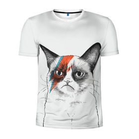 Мужская футболка 3D спортивная с принтом Grumpy cat (David Bowie) в Тюмени, 100% полиэстер с улучшенными характеристиками | приталенный силуэт, круглая горловина, широкие плечи, сужается к линии бедра | бодиарт | грумпи | дэвид боуи | злой кот | интернет | котей | котик | кошка | мем | мемас | мемчик. | молния на лице | рисунок на лице | сердитый