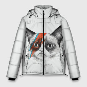 Мужская зимняя куртка 3D с принтом Grumpy cat (David Bowie) в Тюмени, верх — 100% полиэстер; подкладка — 100% полиэстер; утеплитель — 100% полиэстер | длина ниже бедра, свободный силуэт Оверсайз. Есть воротник-стойка, отстегивающийся капюшон и ветрозащитная планка. 

Боковые карманы с листочкой на кнопках и внутренний карман на молнии. | Тематика изображения на принте: бодиарт | грумпи | дэвид боуи | злой кот | интернет | котей | котик | кошка | мем | мемас | мемчик. | молния на лице | рисунок на лице | сердитый
