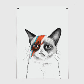 Постер с принтом Grumpy cat (David Bowie) в Тюмени, 100% бумага
 | бумага, плотность 150 мг. Матовая, но за счет высокого коэффициента гладкости имеет небольшой блеск и дает на свету блики, но в отличии от глянцевой бумаги не покрыта лаком | Тематика изображения на принте: бодиарт | грумпи | дэвид боуи | злой кот | интернет | котей | котик | кошка | мем | мемас | мемчик. | молния на лице | рисунок на лице | сердитый