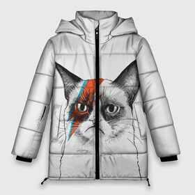 Женская зимняя куртка 3D с принтом Grumpy cat (David Bowie) в Тюмени, верх — 100% полиэстер; подкладка — 100% полиэстер; утеплитель — 100% полиэстер | длина ниже бедра, силуэт Оверсайз. Есть воротник-стойка, отстегивающийся капюшон и ветрозащитная планка. 

Боковые карманы с листочкой на кнопках и внутренний карман на молнии | Тематика изображения на принте: бодиарт | грумпи | дэвид боуи | злой кот | интернет | котей | котик | кошка | мем | мемас | мемчик. | молния на лице | рисунок на лице | сердитый