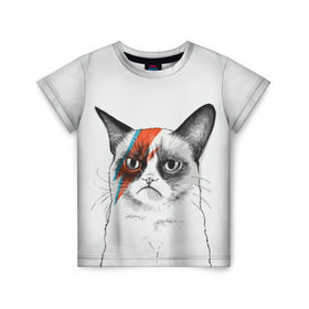 Детская футболка 3D с принтом Grumpy cat (David Bowie) в Тюмени, 100% гипоаллергенный полиэфир | прямой крой, круглый вырез горловины, длина до линии бедер, чуть спущенное плечо, ткань немного тянется | Тематика изображения на принте: бодиарт | грумпи | дэвид боуи | злой кот | интернет | котей | котик | кошка | мем | мемас | мемчик. | молния на лице | рисунок на лице | сердитый
