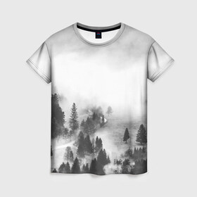 Женская футболка 3D с принтом Лес и туман в Тюмени, 100% полиэфир ( синтетическое хлопкоподобное полотно) | прямой крой, круглый вырез горловины, длина до линии бедер | black and white | лес | лес и туман | туман | чернобелый  фон | чернобелый лес