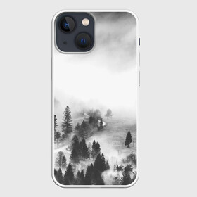 Чехол для iPhone 13 mini с принтом Лес и туман в Тюмени,  |  | black and white | лес | лес и туман | туман | чернобелый  фон | чернобелый лес