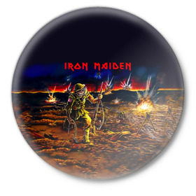 Значок с принтом Боец Iron Maiden в Тюмени,  металл | круглая форма, металлическая застежка в виде булавки | iron maiden | адриан смит | айрон мейден | война | группа | дэйв мюррей | железная дева | ирон майден | метал | мрачный | музыка | песни | рок | солдат | стив харрис | тяжелый | хеви | хевиметал