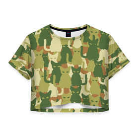 Женская футболка 3D укороченная с принтом Камуфляж в Тюмени, 100% полиэстер | круглая горловина, длина футболки до линии талии, рукава с отворотами | camouflage | cat | камуфляж | кот
