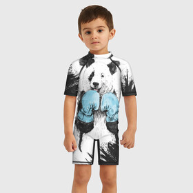 Детский купальный костюм 3D с принтом Панда боксер в Тюмени, Полиэстер 85%, Спандекс 15% | застежка на молнии на спине | бокс | боксер | панда | панда боксер | спорт