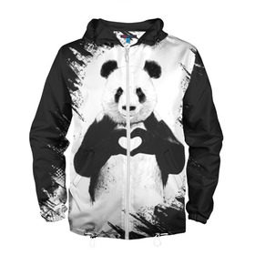 Мужская ветровка 3D с принтом Panda love в Тюмени, 100% полиэстер | подол и капюшон оформлены резинкой с фиксаторами, два кармана без застежек по бокам, один потайной карман на груди | 14 февраля | love | panda | panda love | день святого валентина | любовь | панда
