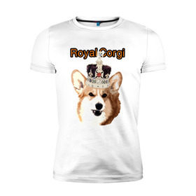 Мужская футболка премиум с принтом Корги в короне в Тюмени, 92% хлопок, 8% лайкра | приталенный силуэт, круглый вырез ворота, длина до линии бедра, короткий рукав | англия | вельш корги | корги | корги пемброк | королева | корона | пемброк | собака