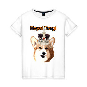 Женская футболка хлопок с принтом Корги в короне в Тюмени, 100% хлопок | прямой крой, круглый вырез горловины, длина до линии бедер, слегка спущенное плечо | англия | вельш корги | корги | корги пемброк | королева | корона | пемброк | собака