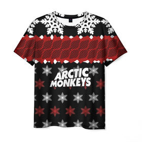 Мужская футболка 3D с принтом Праздничный Arctic Monkeys в Тюмени, 100% полиэфир | прямой крой, круглый вырез горловины, длина до линии бедер | алекс тёрнер | арктик | арктические мартышки | гаражный | группа | джейми кук | знак | инди рок | красный | м | манкис | музыка | надпись | ник о мэлли | новогодний | новый год | обезьяна