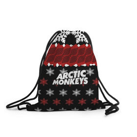 Рюкзак-мешок 3D с принтом Праздничный Arctic Monkeys в Тюмени, 100% полиэстер | плотность ткани — 200 г/м2, размер — 35 х 45 см; лямки — толстые шнурки, застежка на шнуровке, без карманов и подкладки | алекс тёрнер | арктик | арктические мартышки | гаражный | группа | джейми кук | знак | инди рок | красный | м | манкис | музыка | надпись | ник о мэлли | новогодний | новый год | обезьяна