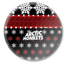 Значок с принтом Праздничный Arctic Monkeys в Тюмени,  металл | круглая форма, металлическая застежка в виде булавки | алекс тёрнер | арктик | арктические мартышки | гаражный | группа | джейми кук | знак | инди рок | красный | м | манкис | музыка | надпись | ник о мэлли | новогодний | новый год | обезьяна